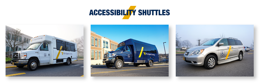 White bus with the WVU logo, blue bus with the WVU logo and silver van with the WVU logo and handicap symbol